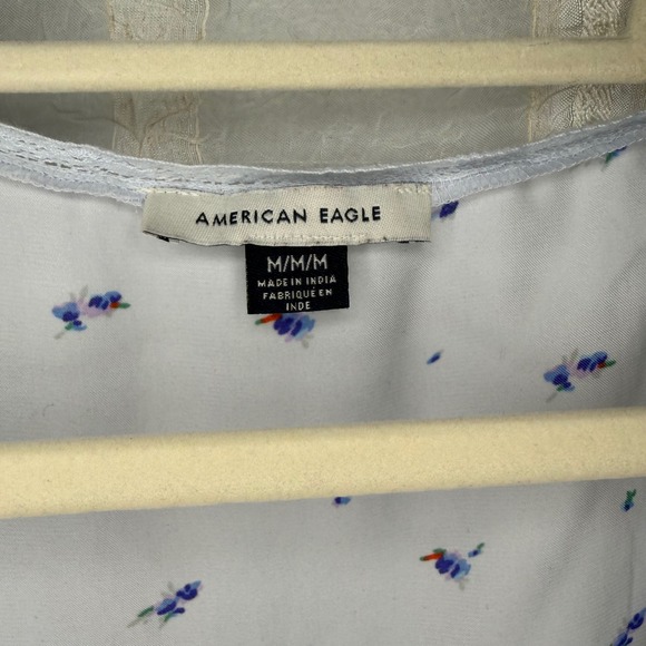 American Eagle Floral Tie Front Top Womens Medium Blue Excellent Lace Trim - Picture 3 of 5